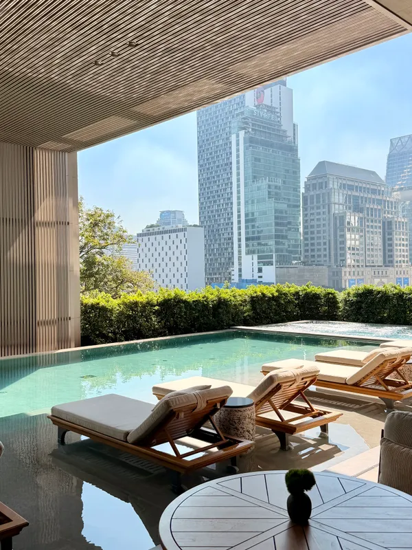 A rooftop pool with sun loungers, framed by a slatted canopy and the city skyline.